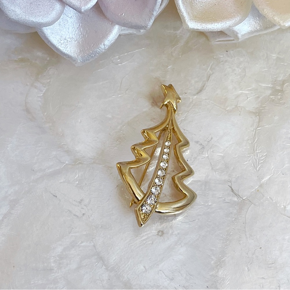 Vintage Modern Gold Tone Crystal Christmas Tree Brooch